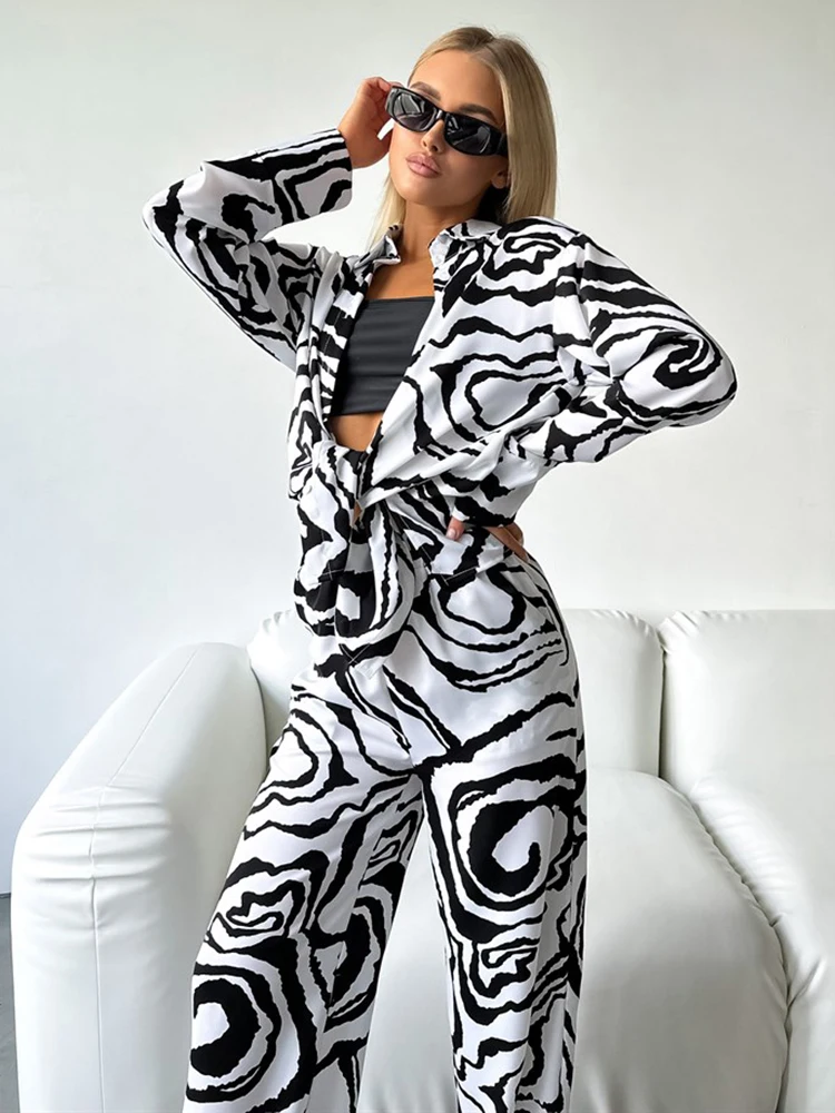 

Hiloc Full Sleeves Print Fashion Sleepwear High Waist Pijamas Set For Women Turn Down Collar Women's Home Clothes 2023 Autumn