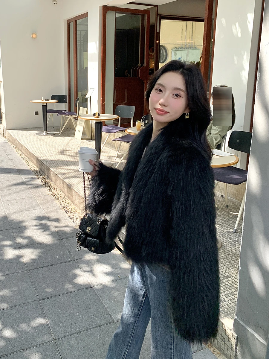 Imported Raccoon Spokes Fur Outerwear Women Short 2024 Winter New Coat Young Sle Slimming Black |