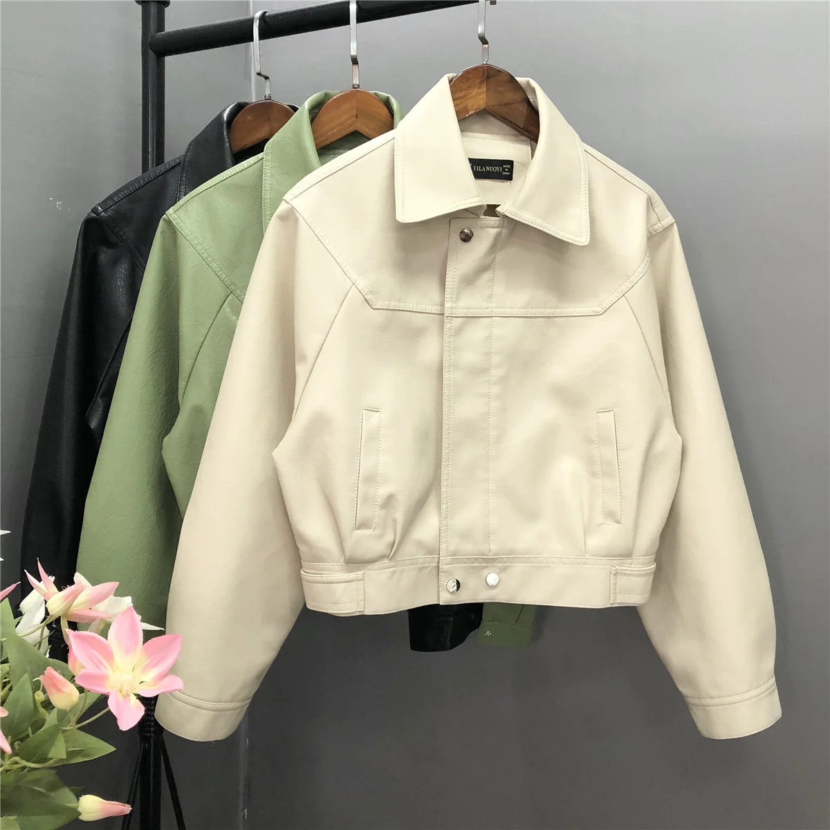 

2023 New Spring Pu Motorcycle Faux Soft Leather Women Jacket Coat Turn-down Collar Long Sleeve Epaule Female Loose Short Jacket