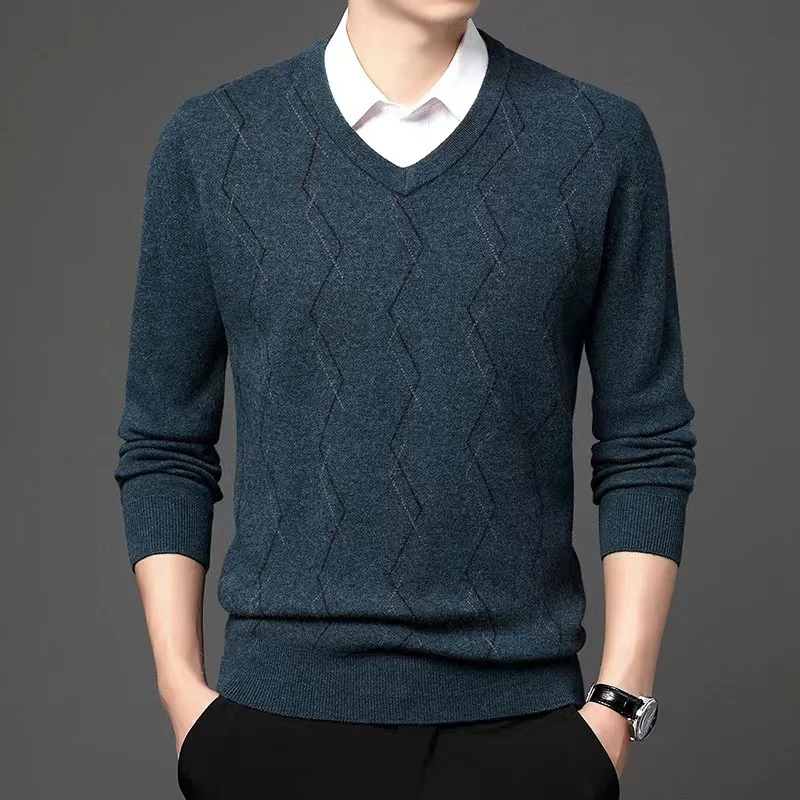 

High end 100% pure wool sweater men's V-neck warm knitted pullover autumn and winter new business middle-aged men's wear