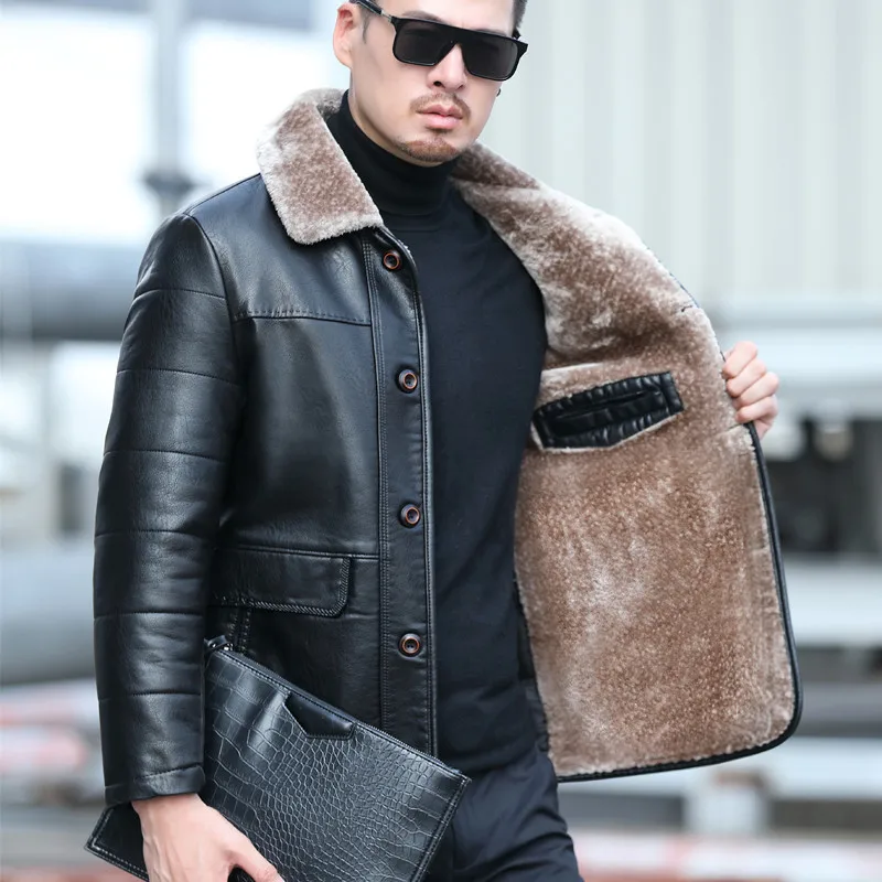 New Men's Leather Leather Jacket Sheep Leather Casual Lapel Mid-length Business Leather Jacket Fur Coat Leather Down Jjacket