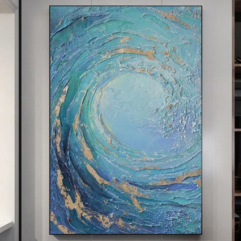 

Hand-painted Oil Painting Blue Ocean Waves Modern Gold Foil Luxury High-end Home Decor Living Room Bedroom Porch Mural Wall Art