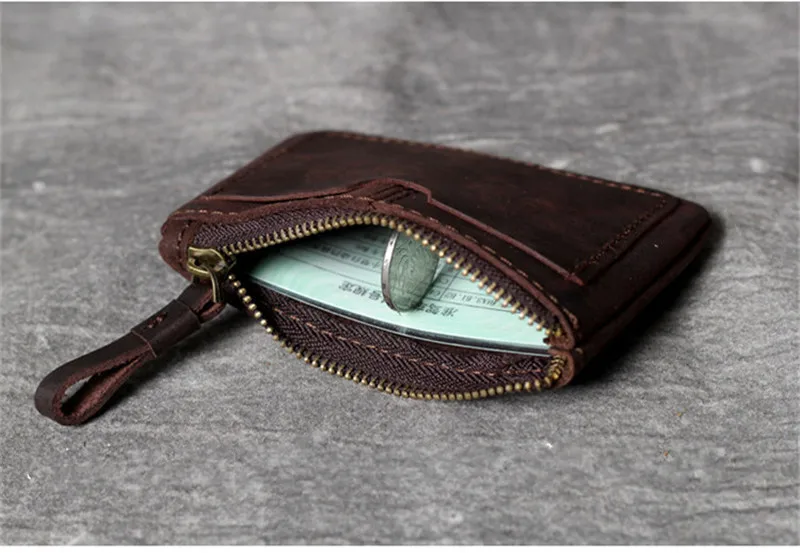 Vintage natural organizer genuine leather small coin purse simple luxury crazy horse cowhide men's women's card holder wallet