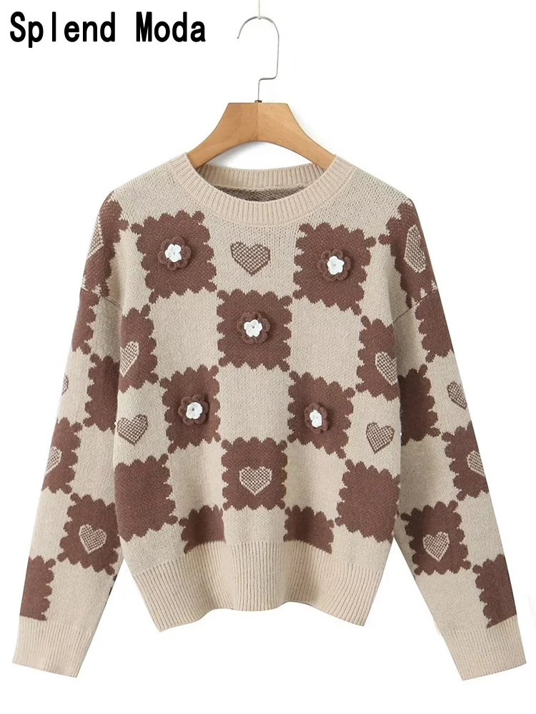 

2023 Women Autumn Vintage Plaid Floral Pullover Knitted Sweater Fashion O-Neck Long Sleeve Female Casual Chic Tops Vestidos