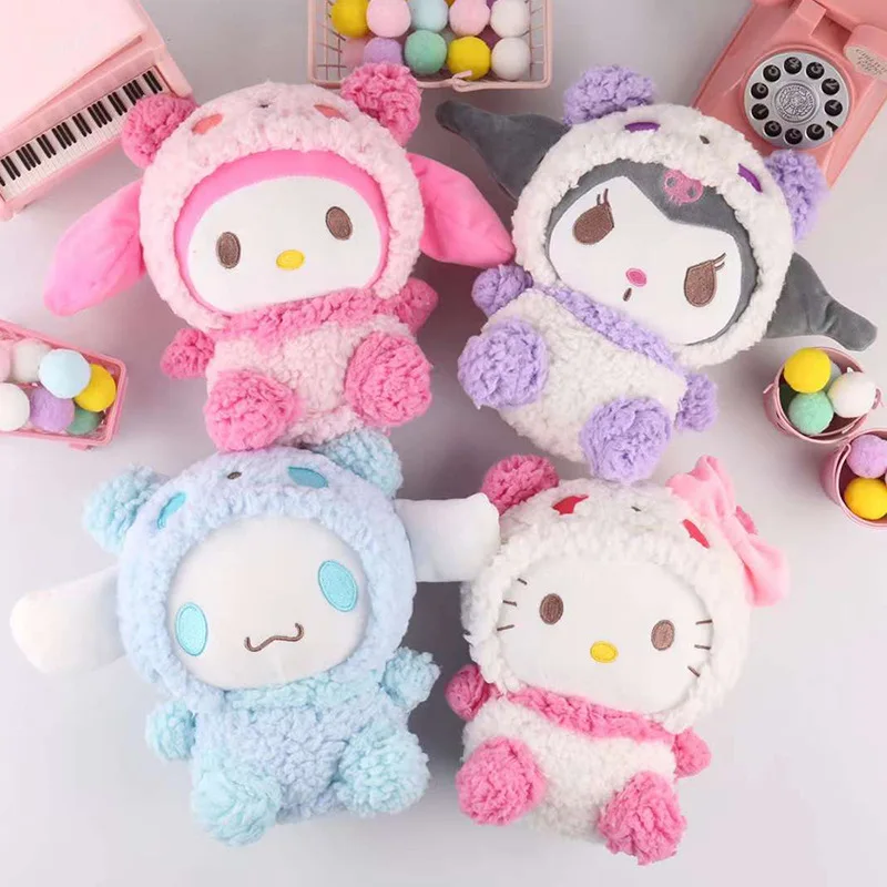 

Kawaii Sanrios Kuromi Cinnamoroll HelloKittys My Melody Cartoon Anime Bubble Panda Transformed Into Sanrios Short Plush Doll