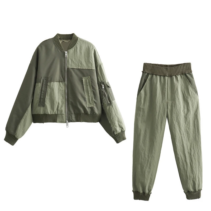 

Women 2 Piece Cargo Pants Set Green Long Sleeve Bomber Jacket+High Waist Wide Leg Pants Streetwear 2 Piece Trousers Suit