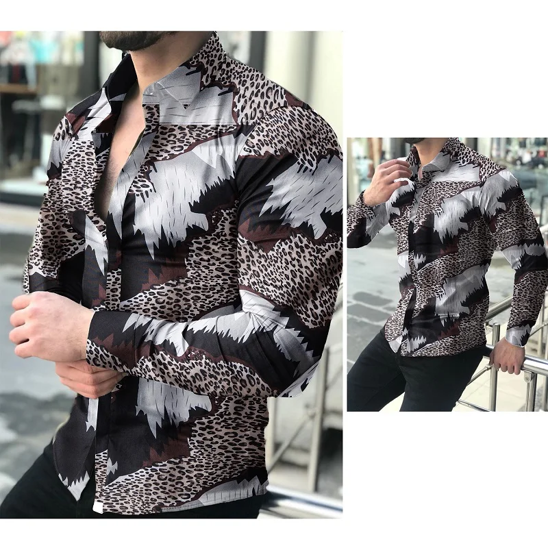 

2023 New Autumn Man Vintage Shirt Mens Leopard Printed Turndown Collar Long Sleeve Oversized Ethnic Shirt chemise Homme Clothing
