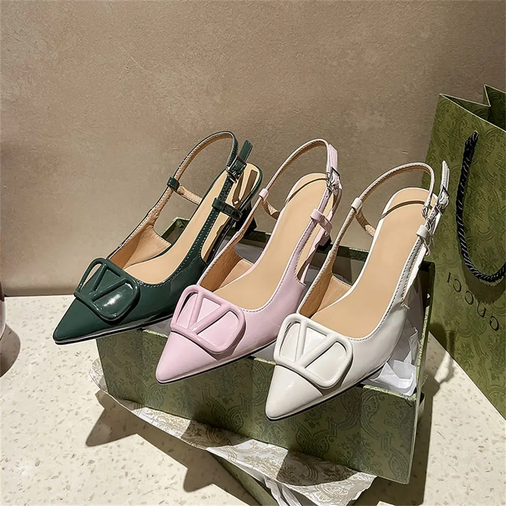 

Women Sandals Summer 2023 Shoes Pointed Mid Heel Baotou Sandals Patent Leather Fashion Stiletto One Word Belt Ankle Strap Pumps