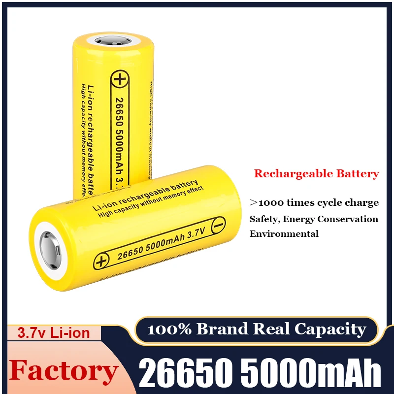 

100% Original 26650 Lithium Battery 3.7V 5000Mah High Capacity Rechargeable Li Ion Battery Cell 1000 Times For Flashlight Tool