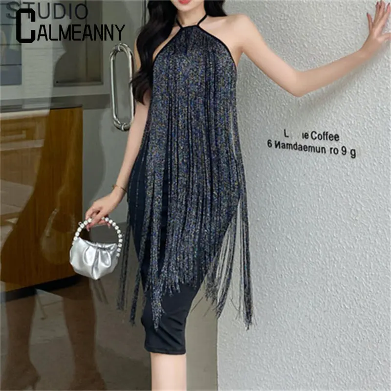 

Women Dress 2023 Summer New Style Chic Sexy Sleeveless V-Neck Vintage Tassel Women Elegant Evening Party Bodycon Mini Dress