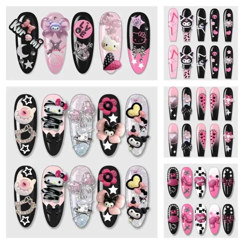 

10Pcs Cute Hello Kitty Fake Nail Cartoon Nail Piercing Detachable Long Coffin Stiletto Nail Set Girls Gift Toy Women Accessories