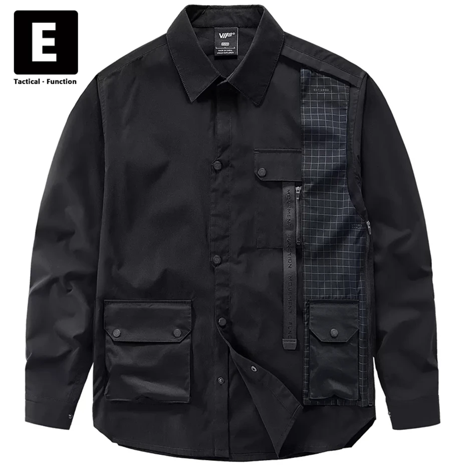 Black Techwear Cargo Shirt Jacket Men Spring Autumn Long Sleeve Shirts Jackets Patchwork Shirt Streetwear Male