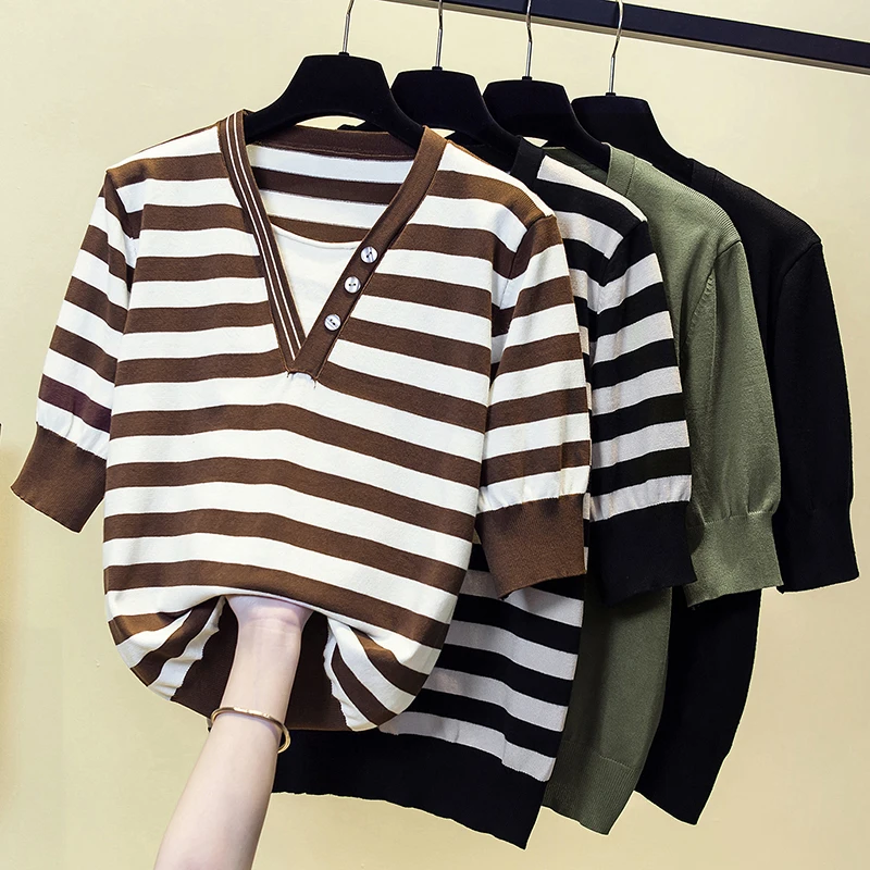 

Женская трикотажная блузка в полоску, с коротким рукавом