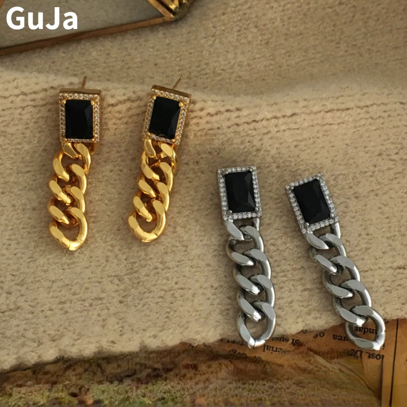 

Fashion Jewelry 925 Silver Needle Black Glass Earrings Vintage Temperament Luxury For Women Girl Cold style Ear Accessories