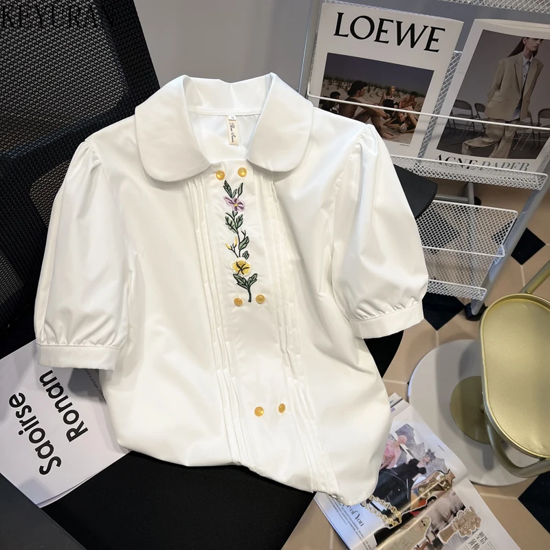 

Рубашка женская с цветочной вышивкой, белый шикарный топ с воротником «Питер Пэн», двубортная Повседневная милая блузка с коротким рукавом ...