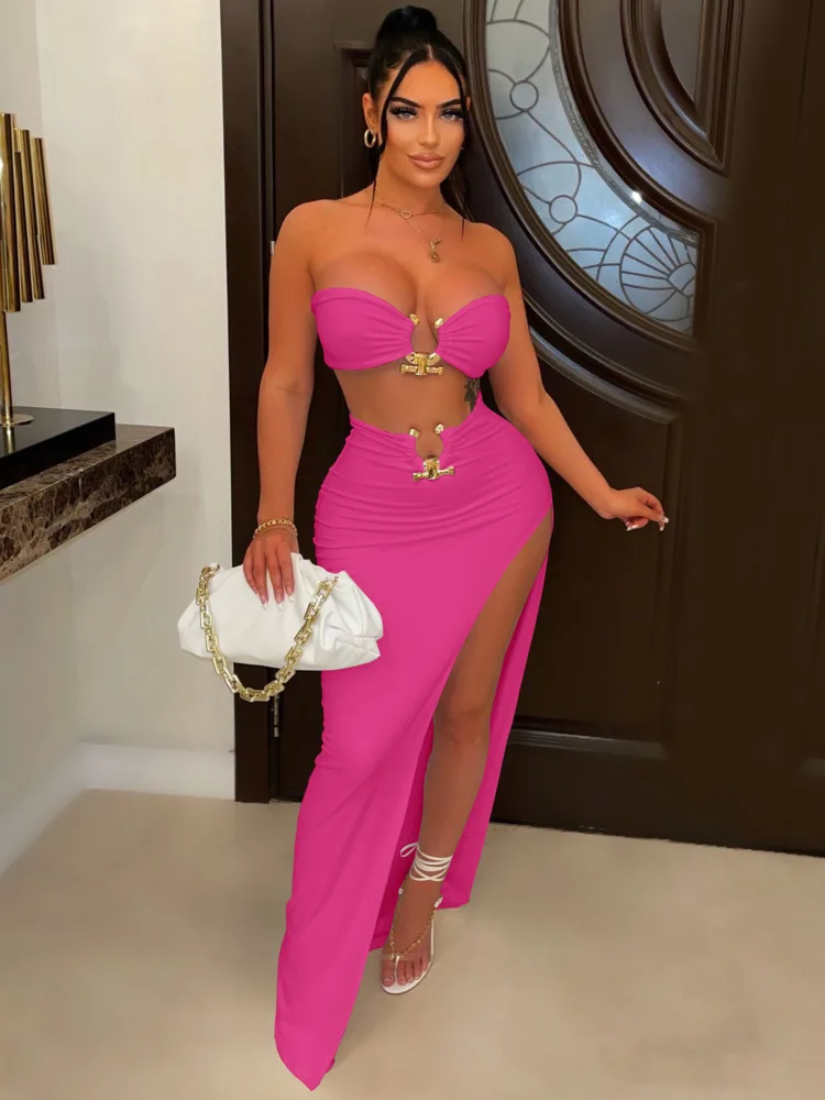 

Mozision Sexy Strapless Crop Tube Top High Waist Slit Maxi Dress 2 Pcs Suits 2022 Fall Women Fashion Streetwear Vestido Y2K