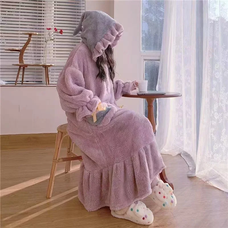New Autumn And Winter Nightgown Hooded And Thickened Outwardly Wearing Household Clothes