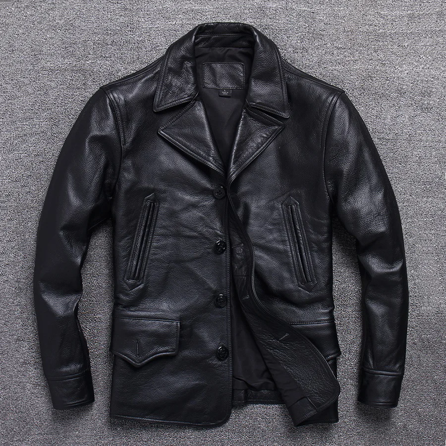 

Long Jacket Men Genuine Leather Wind Coat Classic Black Plus Size Cowhide Jacket Casual Leather Cloth кожаная куртка мужская