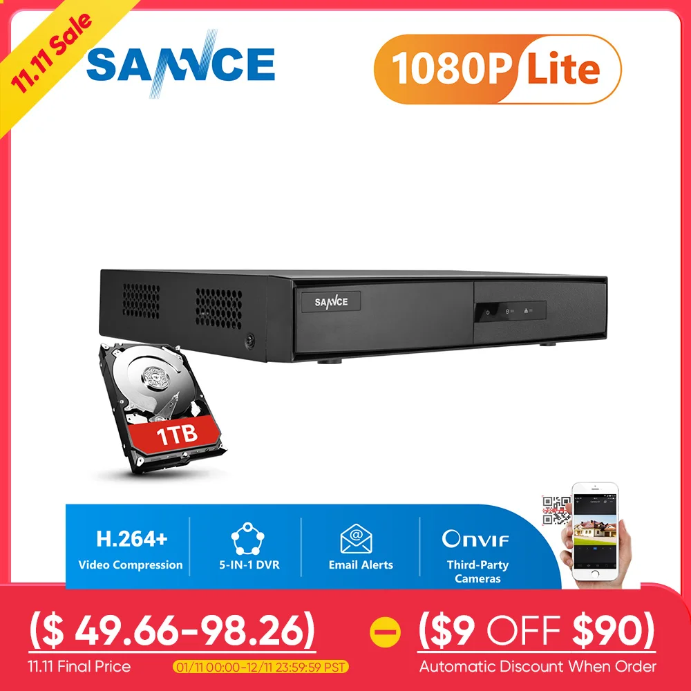 Pаспродажа 4-канальный 5-в-1 видеорегистратор SANNCE 1080N, гибридная 4-канальная охранная камера видеонаблюдения с поддержкой AHD, TVI, CVI, CVBS IP-камер Купить 4-канальный 5-в-1 видеорегистратор SANNCE 1080N, гибридная 4-канальная охранная камера видеонаблюдения с поддержкой AHD, TVI, CVI, CVBS IP-камер