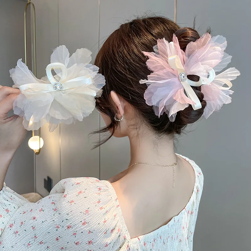 

Super Fairy Petals Hair Claws Net Yarn Oversized Bow Flower Shark Clip Inlaid Rhinestone Lace Catch Clip Hair Accessories