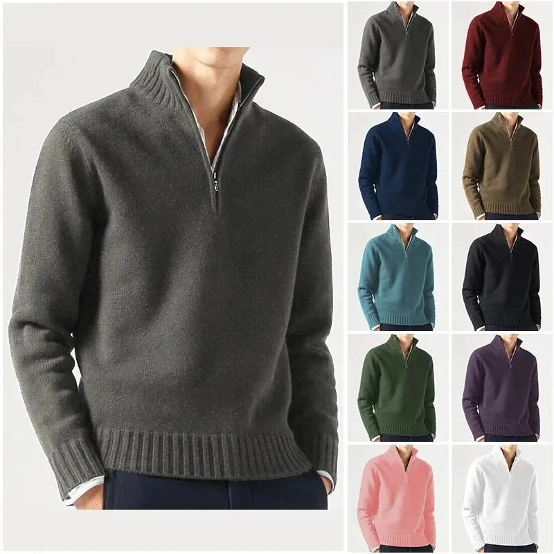 

Зимний мужской кашемировый базовый свитер на молнии, Мужской флисовый плотный свитер, водолазка на полумолнии, Теплая мужская облегающая верхняя одежда