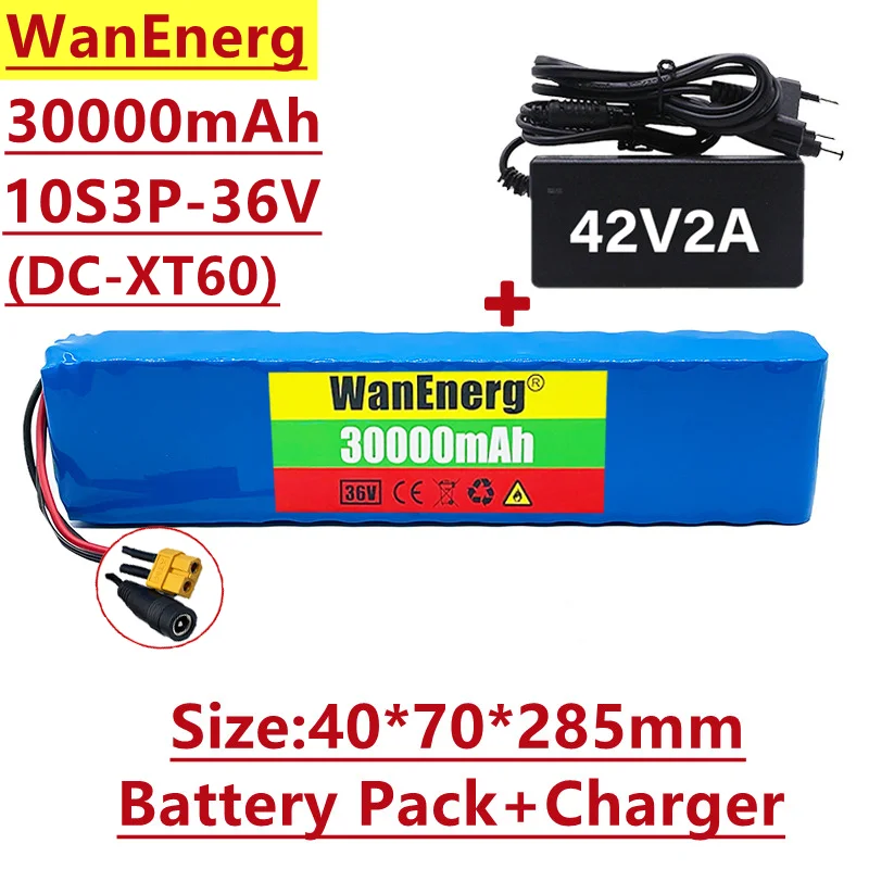 

36V lithium ion battery pack, 10s3p, 36V, 30000mAh, 600W, BMS 20a, suitable for xiaomijia m365 Pro bicycle, with optional plug