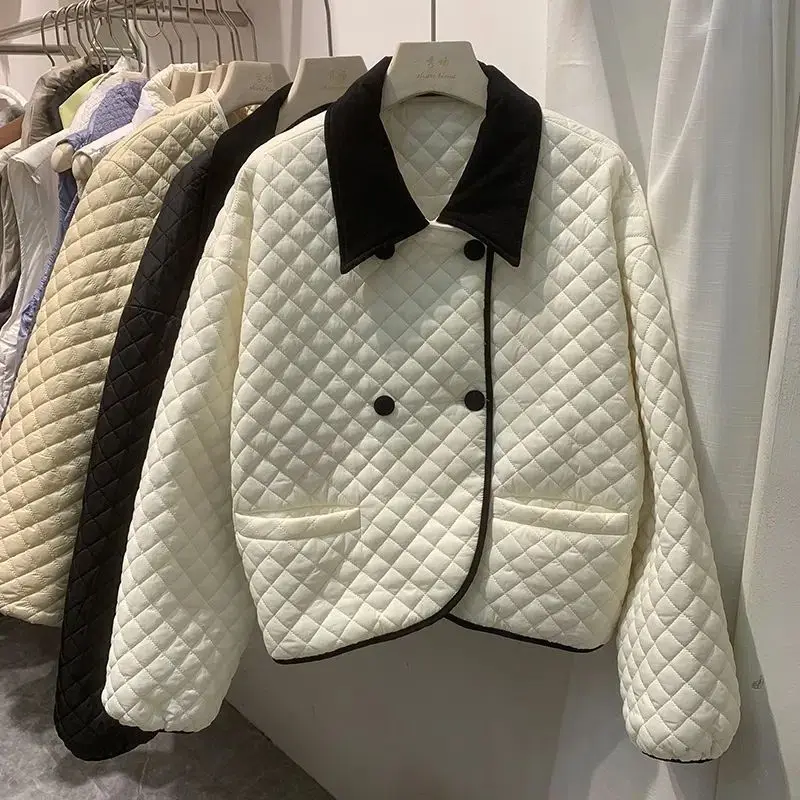 Korean color contrast lapel down jacket women's 2023 winter new  rhombus sweet white duck down jacket  Thick （Winter) enlarge