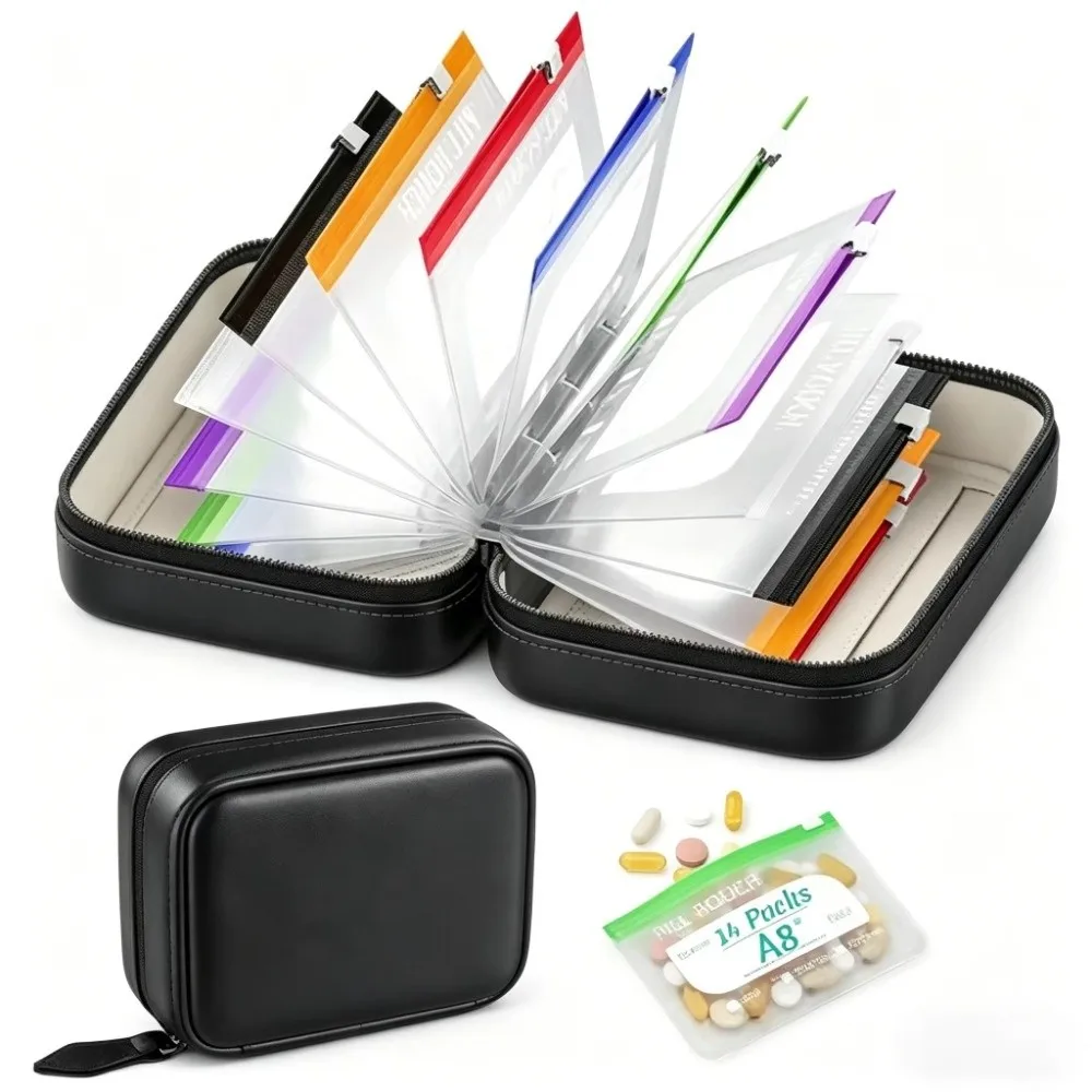 Фото Набор из 7/14 шт. еженедельных органайзеров для таблеток без BPA, водонепроницаемый, на молнии, многоразовый, с цветовой кодировкой, для хранения лекарств №1