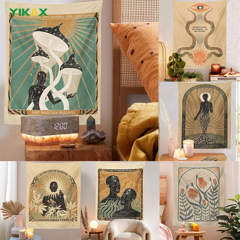 

Tapestry Retro Sun Wall Hanging Vintage Spiritual Bohemian Quote Print Aesthetic Botanical Mushroom Art Modern House Decoration