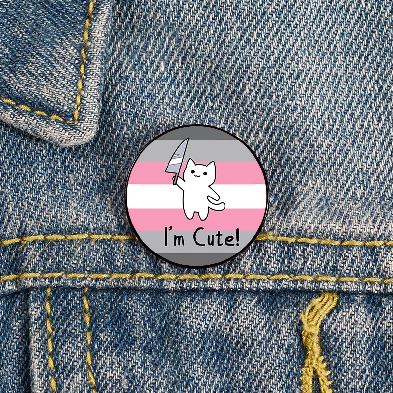 

Cute Cat with Knife Demigirl Pride Pin Custom vintage Brooches Shirt Lapel teacher Bag Cute Badge pins for Lover Girl Friends