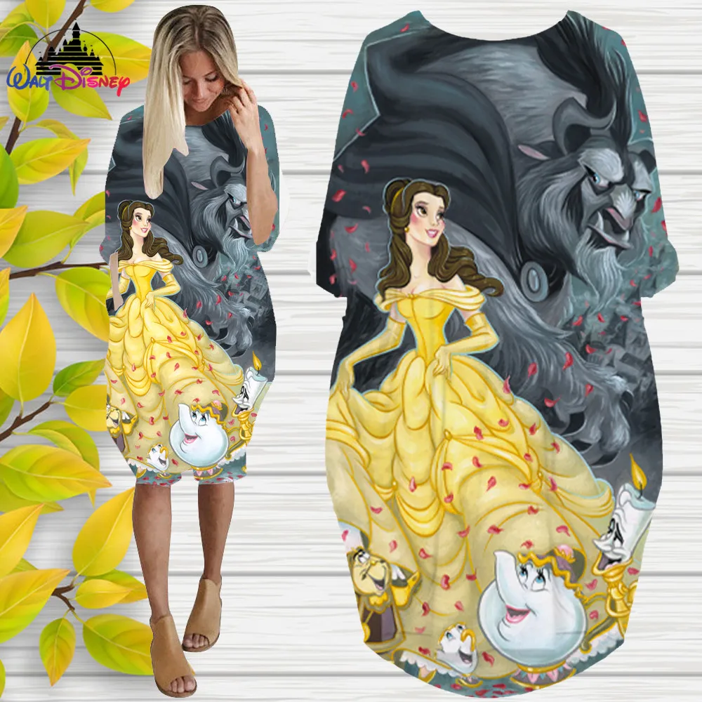 

Belle Disney 3D High Quality Printing Girl Trend Wild Loose Long Sleeve Over The Knee Dress Womens