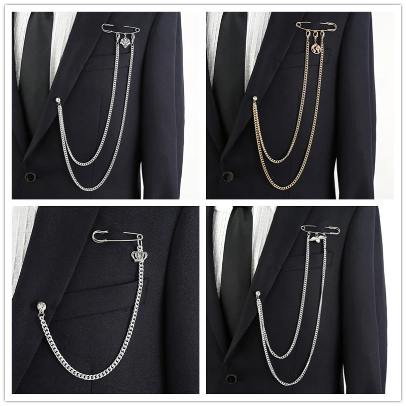 

High-end Long Tassel Chain Lapel Pin Brooches Crystal Crown Cross Badge Men's Suit Shirt Collar Pins Luxulry Brooch Gifts