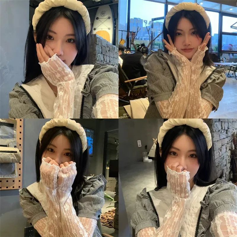

1pair Summer Women Long Lace Fingerless Gloves Girl Fashion Sun Protection Floral Arm Sleeve Thin Cooling Driving Cycling Gloves