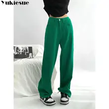 Женские джинсы с завышенной талией, зеленые мешковатые джинсы с широкими штанинами, прямые брюки-Капри из денима для мам, весна 2022
