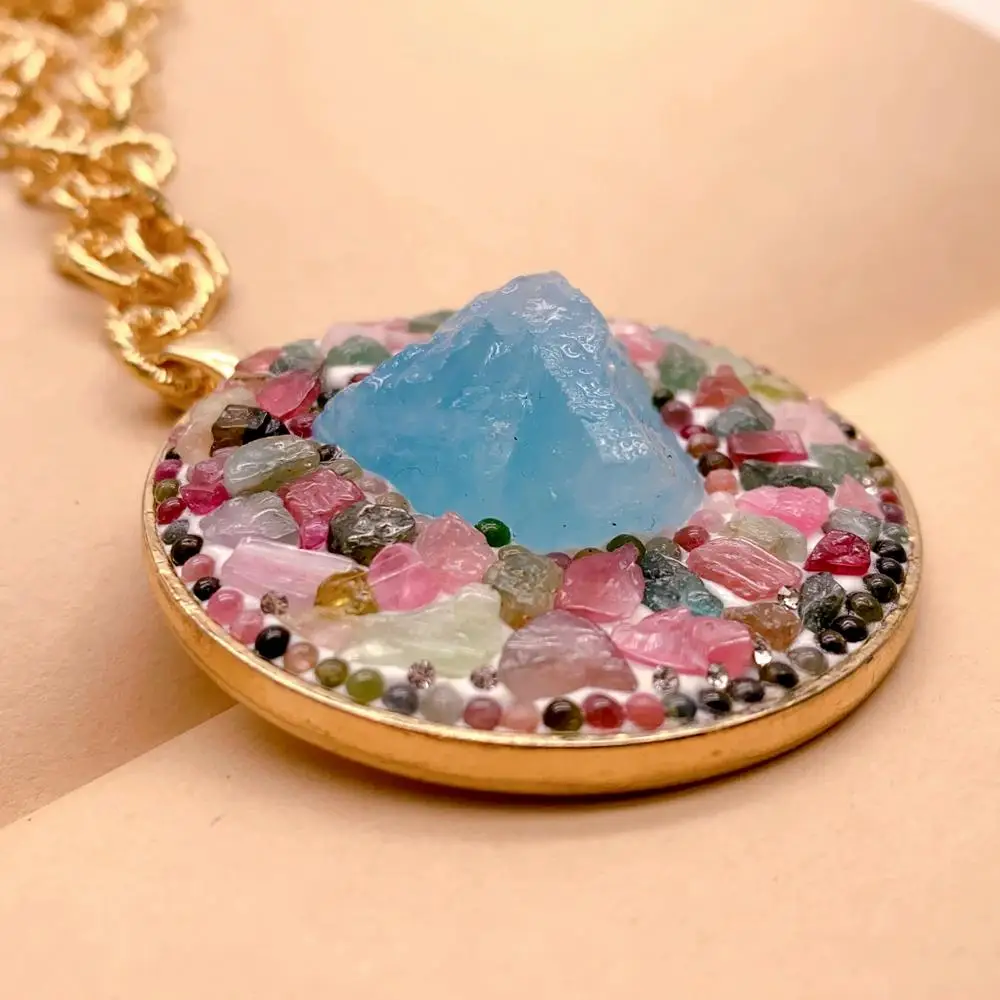 

Y·YING Natural Blue Aquamarine Rough Tourmaline Bead Pendant Necklace Gold Plated Chain