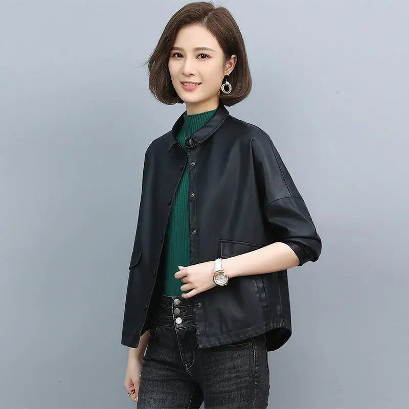 Leather Coat Women's Short 2022 Spring  Autumn Korean Casual Loose Coat Women Basic Botton Short Leather Clothes Elegant Lady