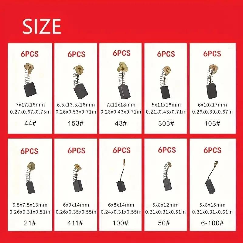 

Ассорти набора угольных щеток, 40/60 шт., 10 типов для обслуживания двигателя щеткового типа, совместимых с различными двигателями для бытовой техники