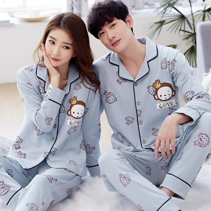 

2023 Spring Couple Cotton Long Slve Pajama Sets for Women Cute Cartoon Slpwear Pyjama Homewear Pijama Mujer Men Home Clothes