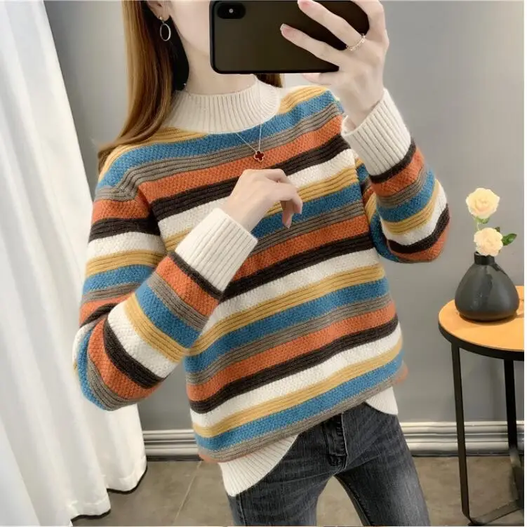 

Ohclothing2022 Новый женский пуловер с полувысоким воротником Свободный удобный полосатый свитер