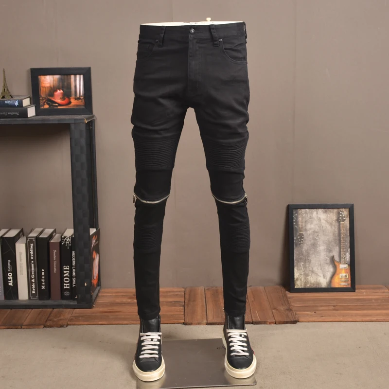 

Street Fashion Men Jeans Black Elastic Slim Fit Spliced Biker Jeans Men Zipper Designer Hip Hop Stretch Denim Punk Pencil Pants
