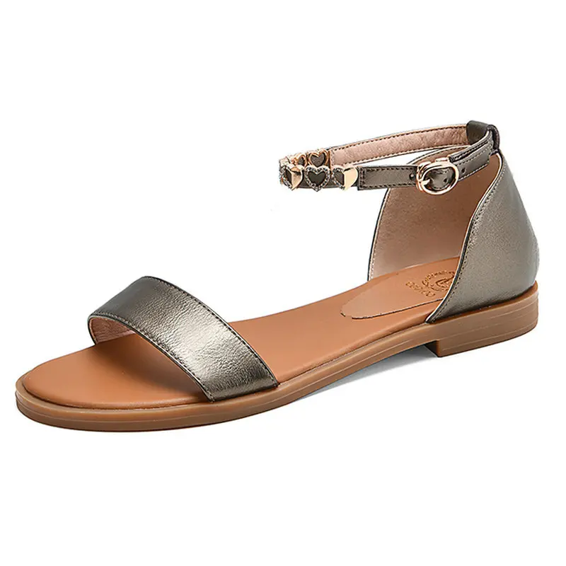 

Сандалии женские из натуральной кожи, повседневные пляжные туфли на плоской подошве, ремешок на щиколотке, черные, золотые, белые, бежевые, б...