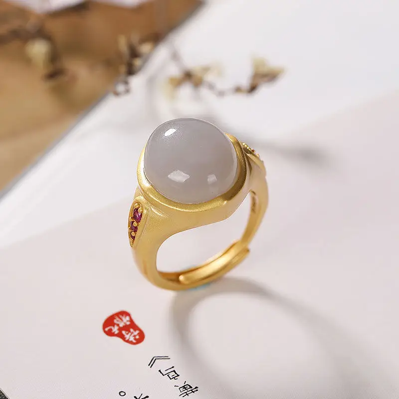 

Original New silver inlaid natural Hetian white Chalcedony opening adjustable ring Chinese style retro charming women's jewelry