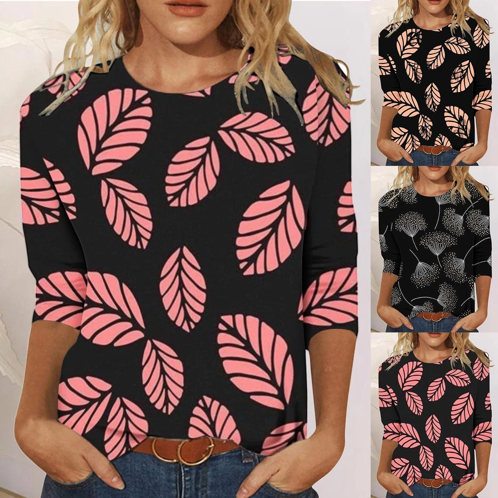 

Womens Casual Fashion Leaves Printing Crew Neck Three Quarter Sleeve Womens Short Sleeve Shirts Plain Dry Fit Shirts Women Pack