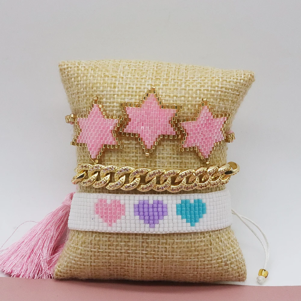 

Candy Color Women Miyuki Bracelet Set with Tassel Heart Design Diamond Alloy Adjustable Bracelet