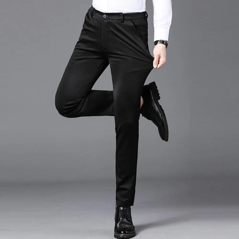 

Chic Zipper Button Fly Anti-pilling Men Solid Color Straight Fit Casual Business Pants Comfy Men Pants Daily Clothing