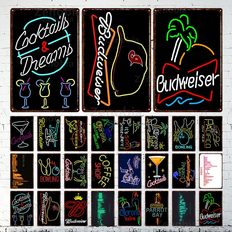 Металлическая тарелка для боулинга коктейлей пива винтажная черная неоновая