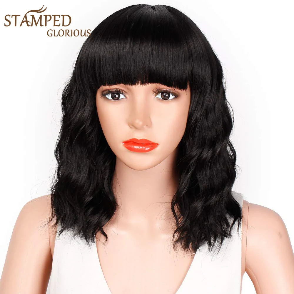 

Stamped Glorious Synthetic Short Bob Wigs for Women Natural Wave Black Wig With Bangs Heat Resistant Fiber Cosplay Wig