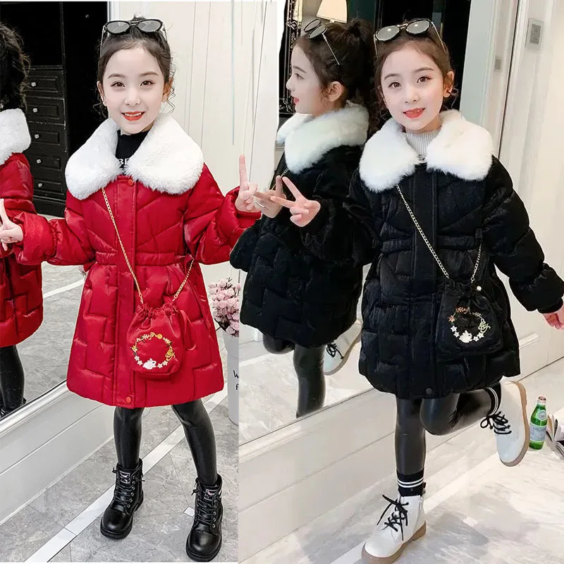 

2022 Winter Girls Jacket Solid Color Corduroy Fabrics Thicken Cold Protection Big Fur Collar Down Cotton Windbreaker Coat