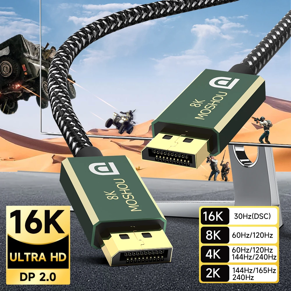 Кабель MOSHOU DisplayPort 2,0, кабель DP 2,0, 16K @ 30 Гц, 8K @ 60 Гц, 80 Гбит/с, порт для видеодисплея HDR, Шнур 2,0, игровой монитор FreeSync с G-синхронизацией