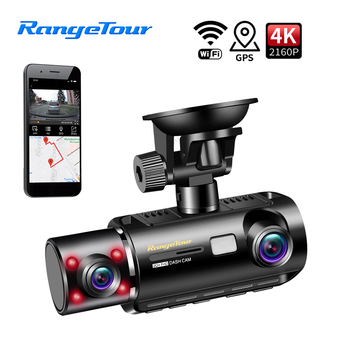 Range Tour 4K 2160P Car DVR Dash Camera IR-Cut WiFi Build-in GPS Front and Cabin Both 1080P 4 IR Night Version Parking Mode